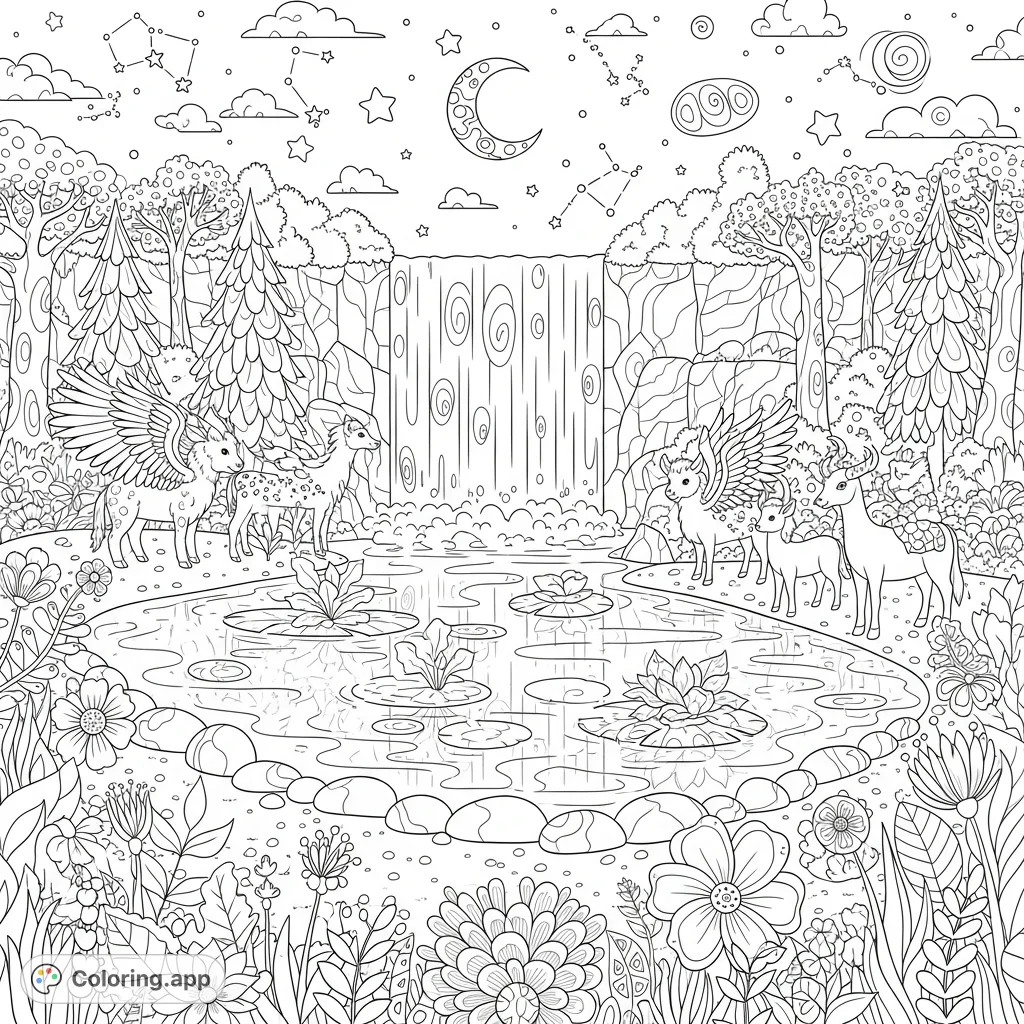 Explore a magical forest scene with a grand waterfall, mythical creatures, and intricate zentangle patterns under a crescent moon. Perfect for detailed coloring!