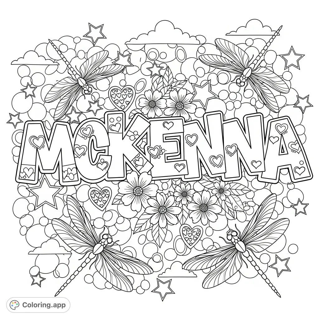 Dynamic MCKENNA graffiti lettering interwoven with stars, blooming flowers, and intricate dragonflies against a playful, bubbly background, offering a unique coloring experience.