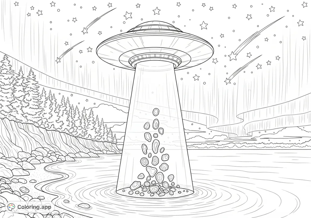 Experience an otherworldly Minnesota lake shore scene with a UFO, its beam illuminating rising agates, all under a star-filled sky and Northern Lights. A sci-fi night adventure.