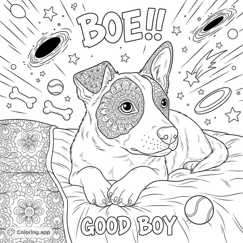 Discover a detailed domestic animal coloring page. An animal rests on a rumpled bed next to intricate floral and mandala patterns, perfect for mindful coloring.