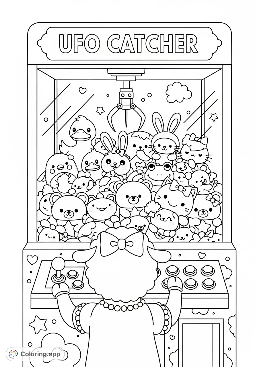 Engage with this delightful UFO CATCHER coloring page, featuring a cute sheep character playing a claw machine filled with adorable plush toys and whimsical details.