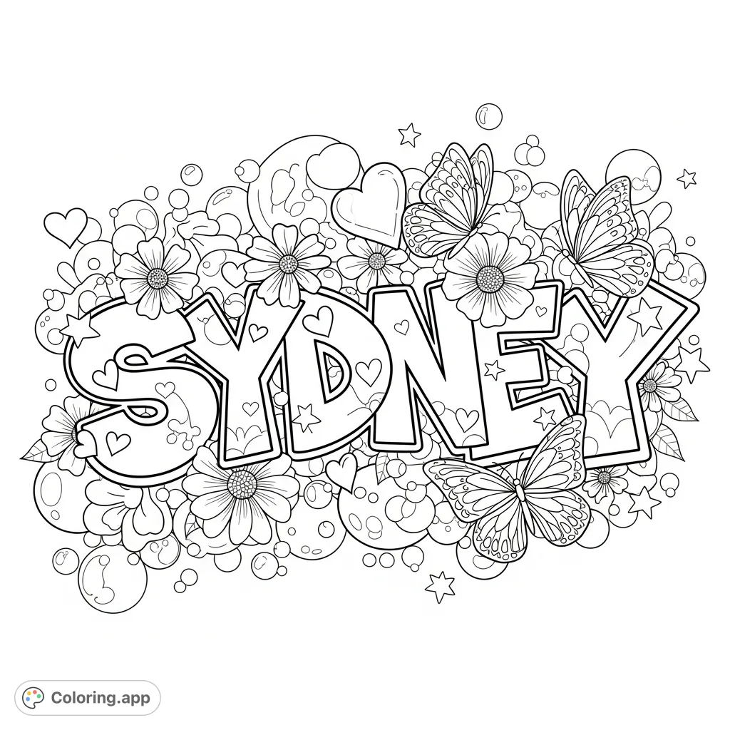 Dynamic graffiti "SYDNEY" lettering intertwines with hearts, blooming flowers, and intricate butterflies, set against a bubbly, fun background for a uniquely girly page.