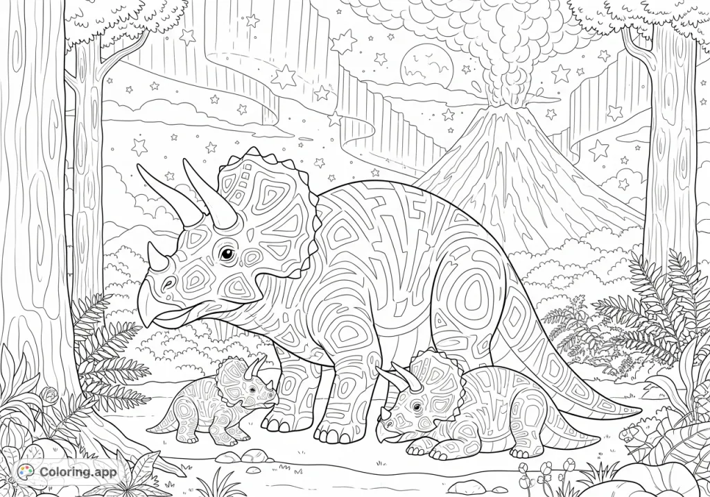 A powerful triceratops mother with patterned scales guards her young in a prehistoric jungle under a celestial night sky with a volcano and Northern Lights.