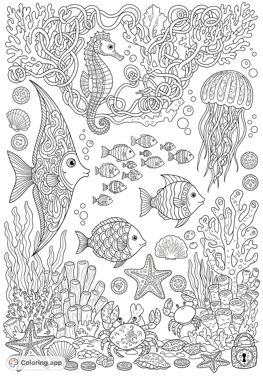 Dive into a detailed underwater scene coloring page filled with intricate marine life, diverse ocean flora, and hidden treasures awaiting your creative touch.