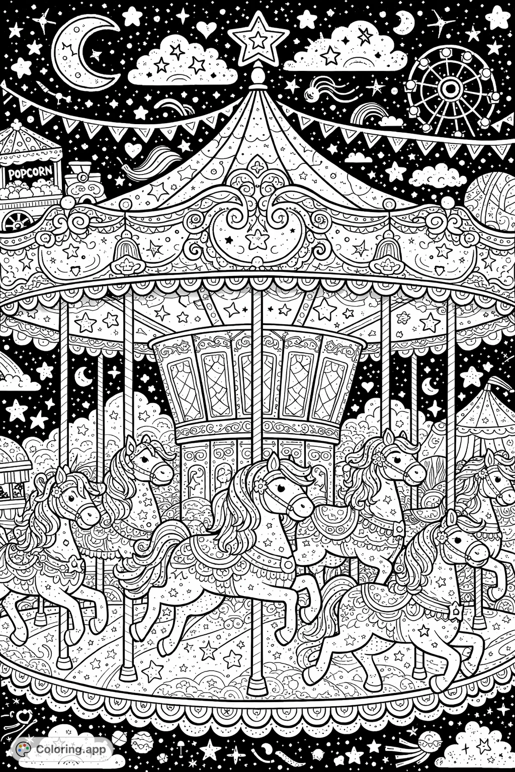 An enchanting carousel scene featuring elegantly adorned horses, intricate patterns, and whimsical details, inviting a delightful coloring adventure.