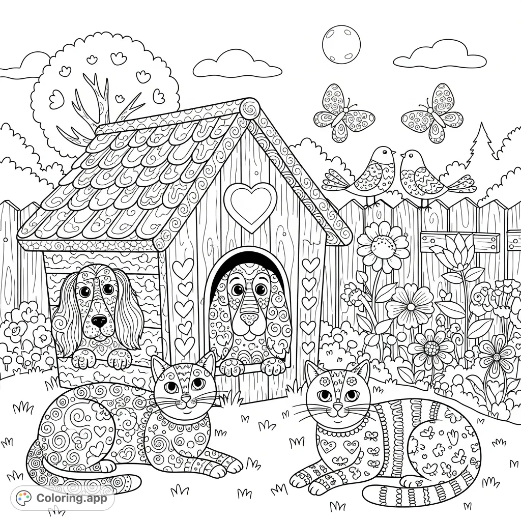 Discover a whimsical backyard night scene! Features patterned long-haired dogs, cats, birds, and butterflies. Perfect for intricate coloring fun.