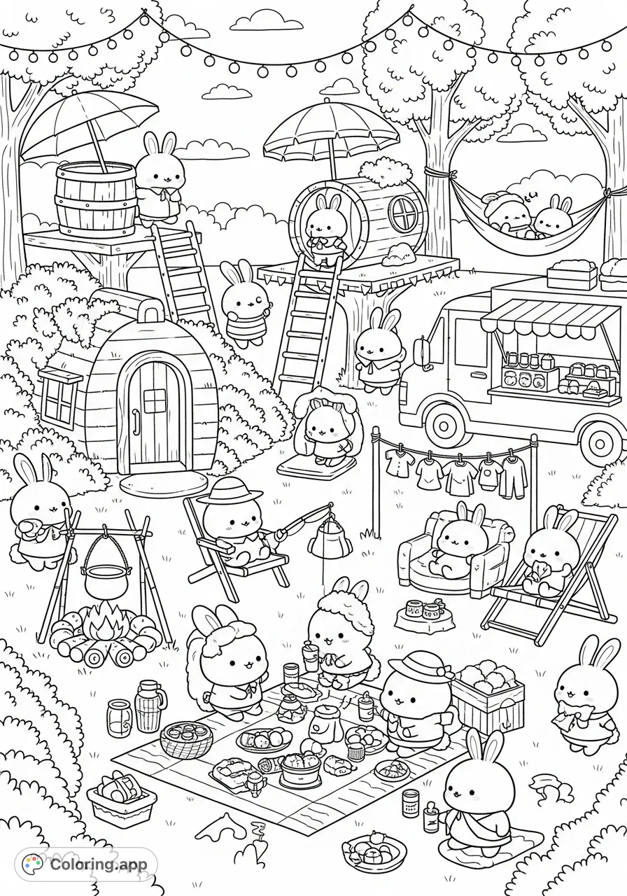 Explore a bustling outdoor scene filled with adorable rabbit-like characters enjoying a picnic, fishing, and lounging under string lights. A delightful free printable coloring page.