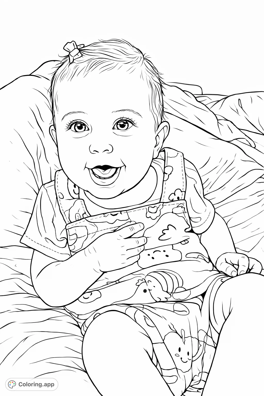 A delightful baby with a wide smile, wearing a playful patterned romper, ready for creative coloring. Perfect for capturing childhood joy.