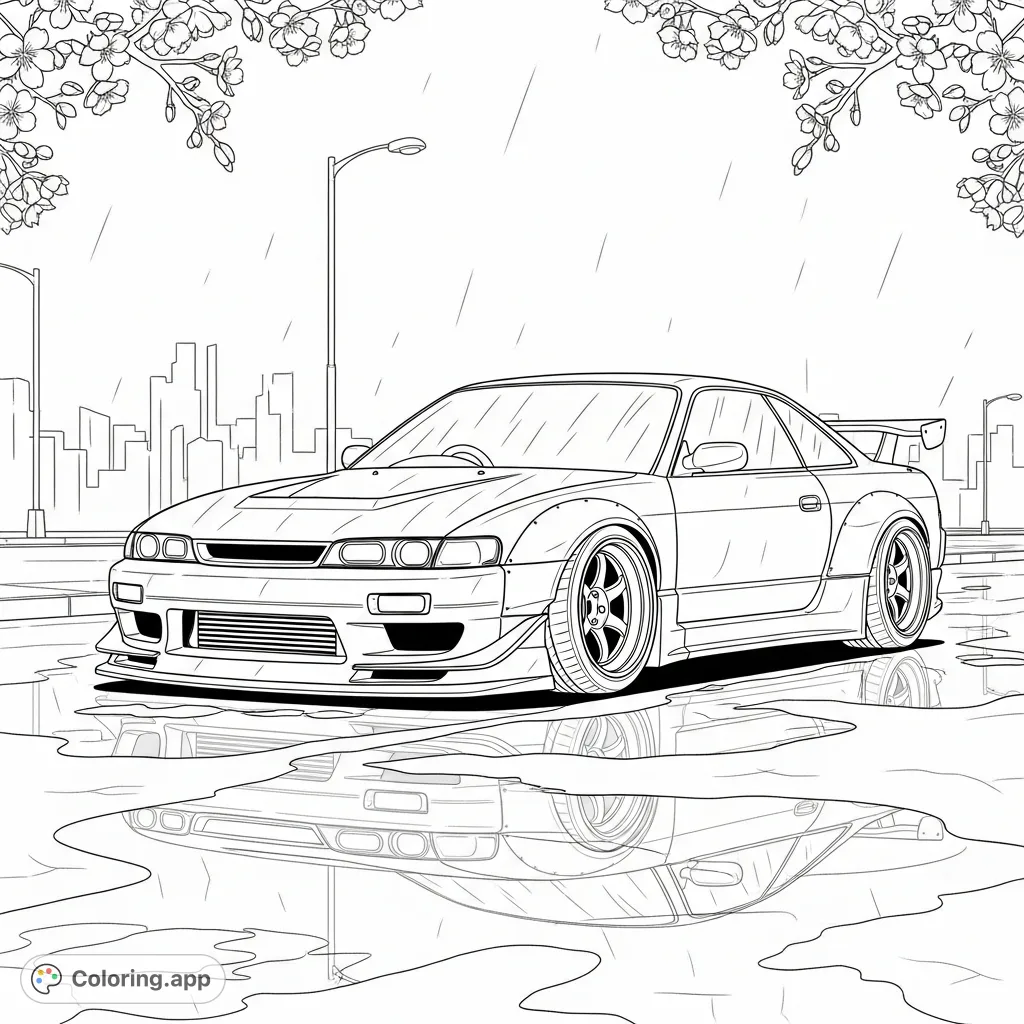 Color a classic 90s JDM widebody car on a wet city street with shimmering reflections and delicate cherry blossoms, a challenging yet rewarding scene.