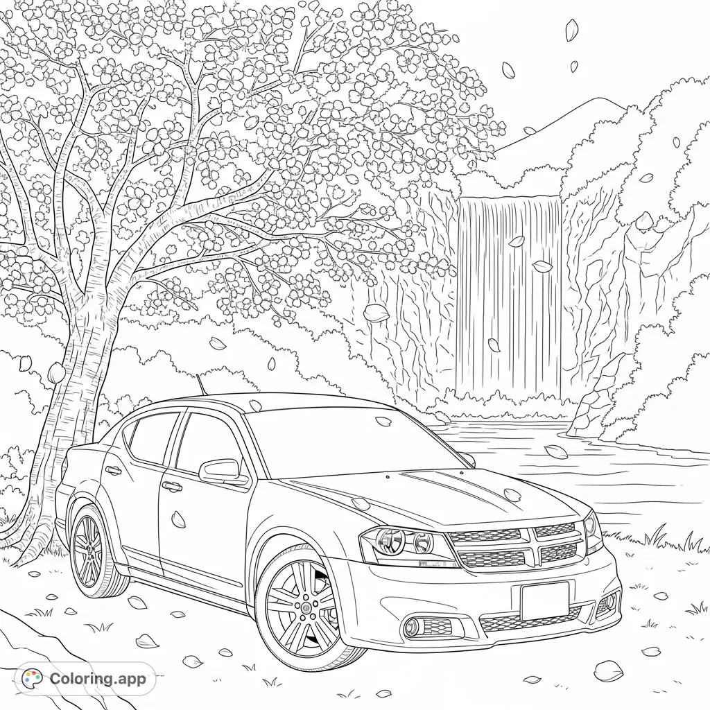 Color a 2011 Dodge Avenger amidst Japanese nature with a blooming cherry blossom tree and a distant waterfall. A unique automotive and natural scene.