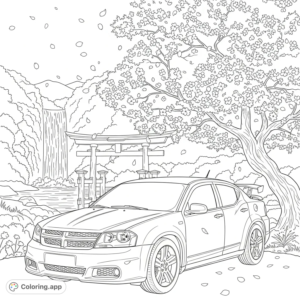Color this striking 2011 Dodge Avenger in a serene Japanese landscape featuring a torii gate, abundant cherry blossoms, and a majestic waterfall.