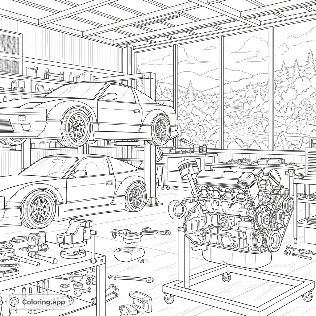 Explore a detailed mechanic's shop with a custom 180sx on a hoist and a partially assembled rb26 engine. A window reveals a serene landscape.