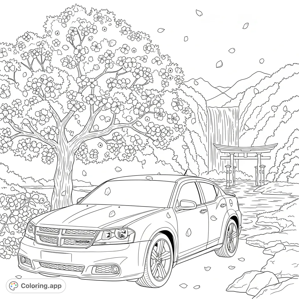 A detailed 2011 Dodge Avenger R/T coloring page set amidst a serene Japanese landscape with cherry blossoms, a waterfall, and a torii gate.