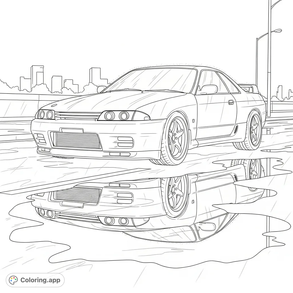 A powerful JDM car, parked on a wet city street, gleams with rain streaks. Its aggressive lines are mirrored in shimmering puddles, set against a blurred urban backdrop.