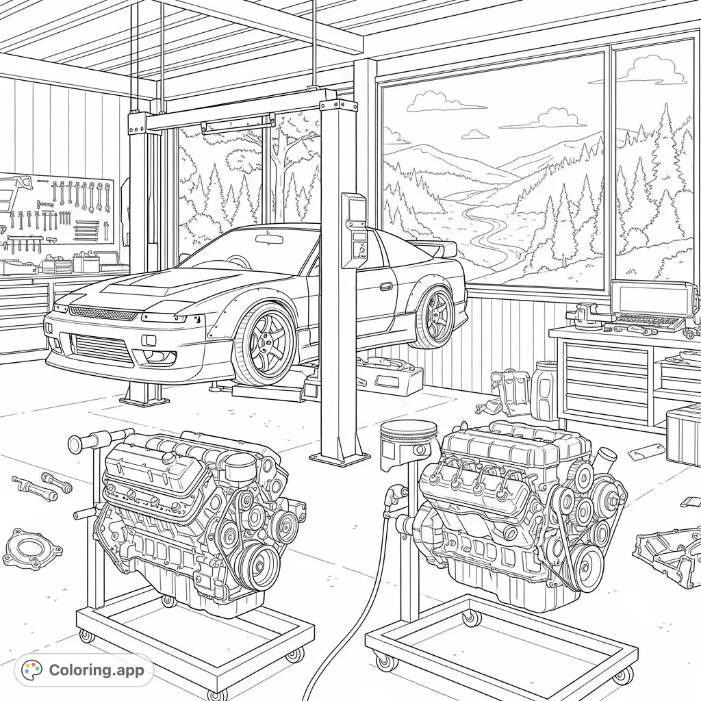 Explore a detailed mechanic shop with a custom 180sx on a hoist, a realistic half-built engine, scattered tools, and a serene landscape backdrop.