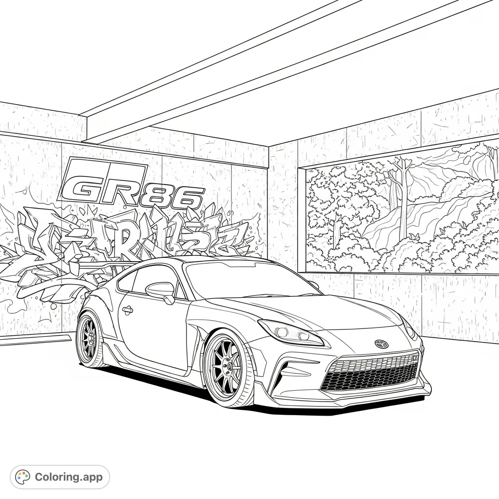 Color a dynamic Toyota GR86 with a widebody kit, parked in an urban garage featuring complex graffiti and a glimpse of nature. Perfect for car enthusiasts!