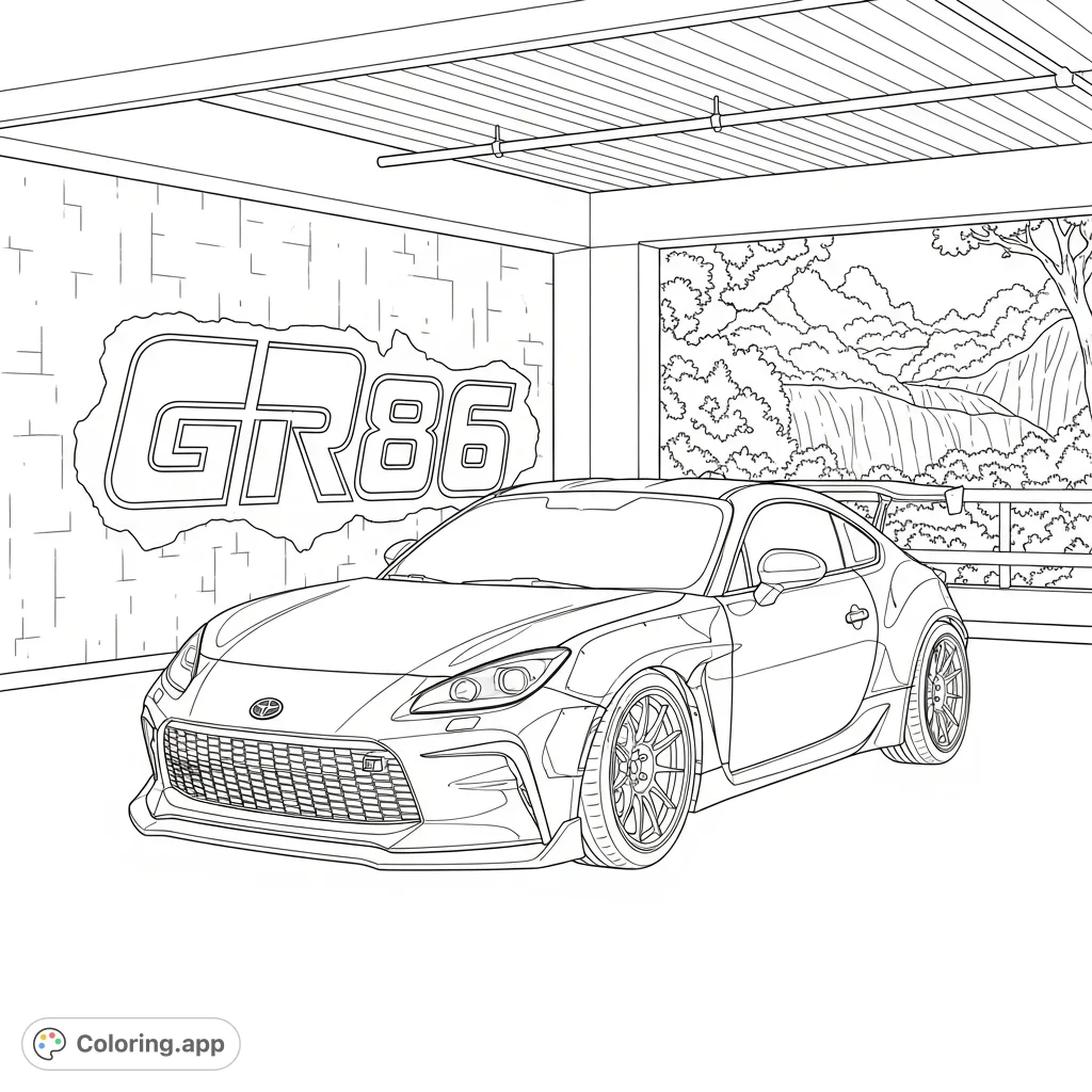 An exciting Toyota GR86 coloring page featuring a widebody kit and ducktail spoiler, parked in a garage with "GR86" graffiti and nature in the background.