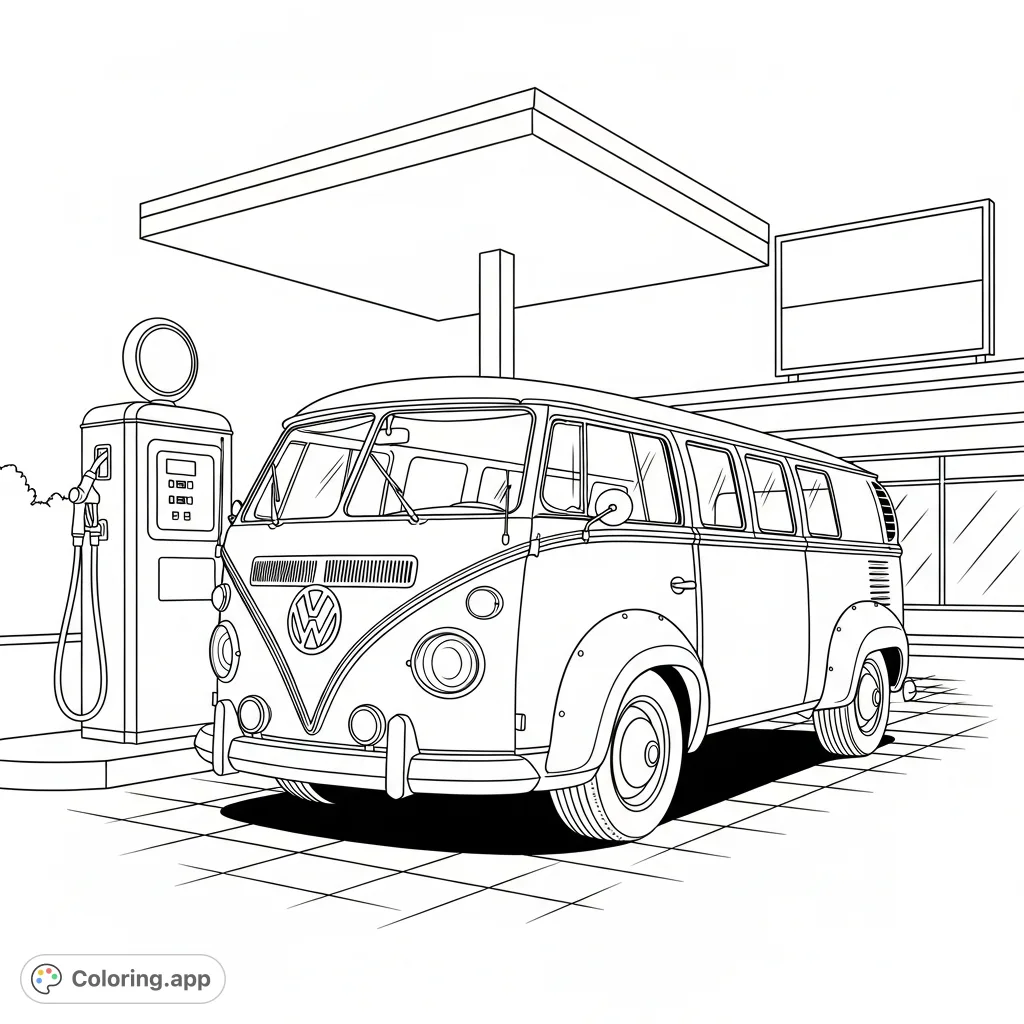 A detailed widebody Volkswagen v2 bus, captured in a dynamic front three-quarter view, paused at a vintage gas station. Perfect for automotive enthusiasts.
