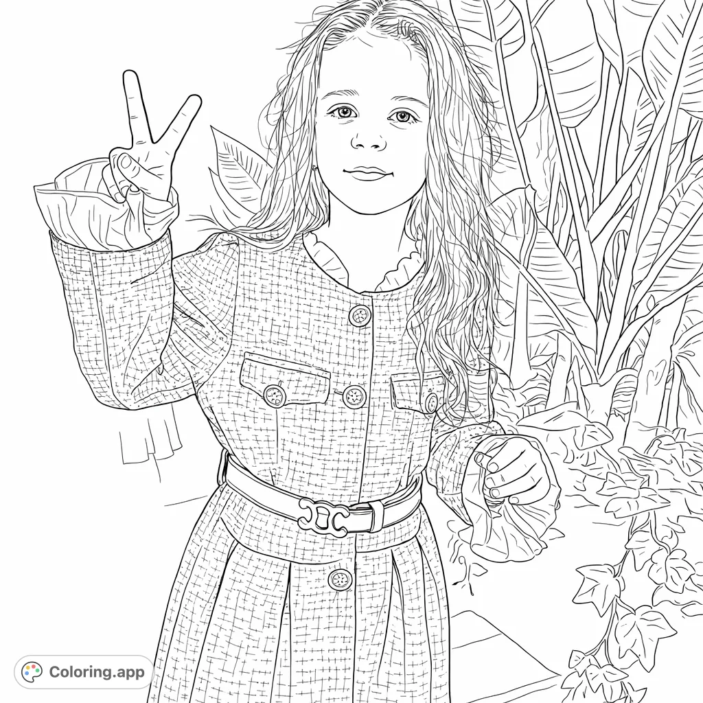 Capture the charm of a young girl in a stylish coat with ruffled details, making a peace sign. A delightful image for creative coloring fun.