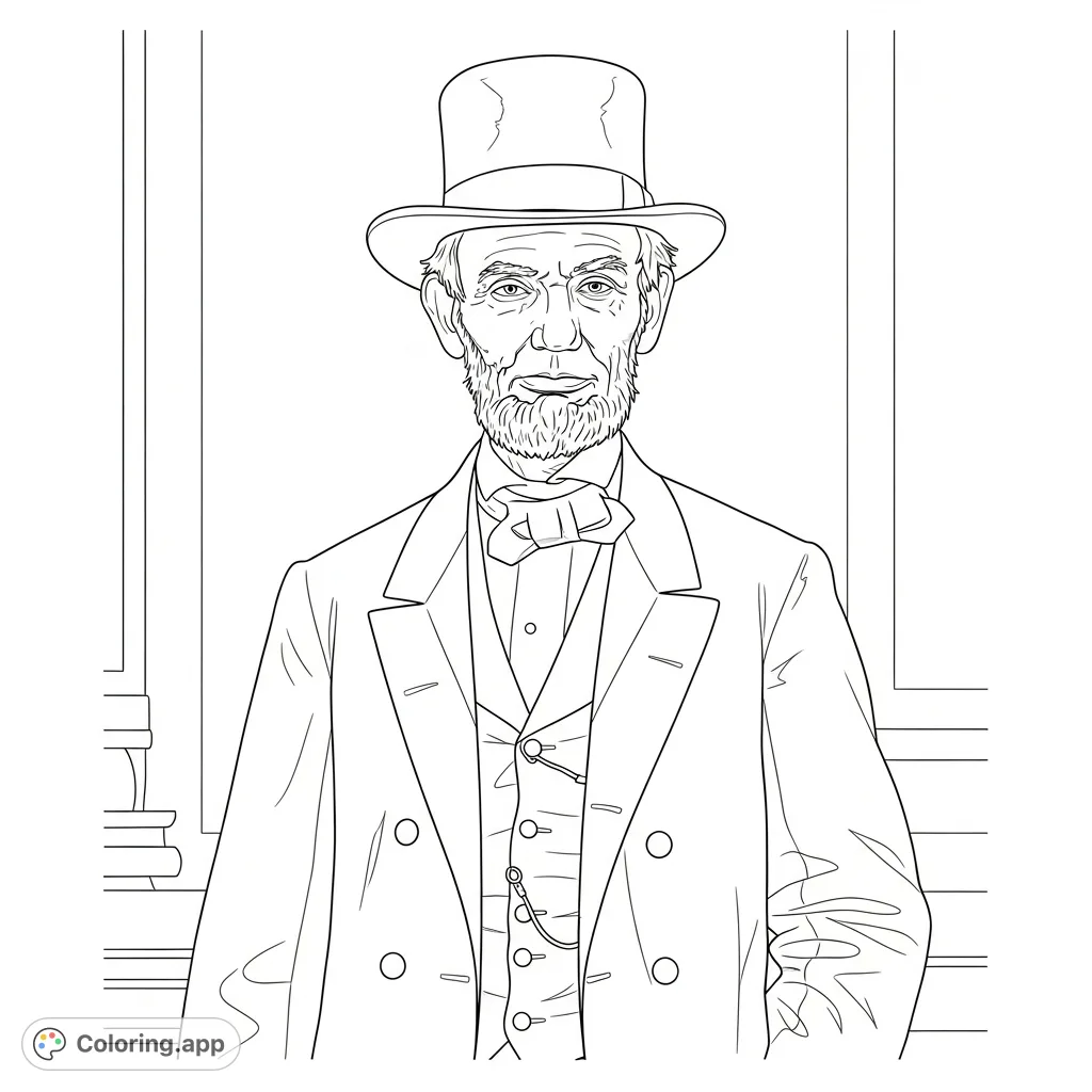 Capture the solemn dignity of Abraham Lincoln in this detailed portrait coloring page, featuring his iconic hat, beard, and presidential attire.