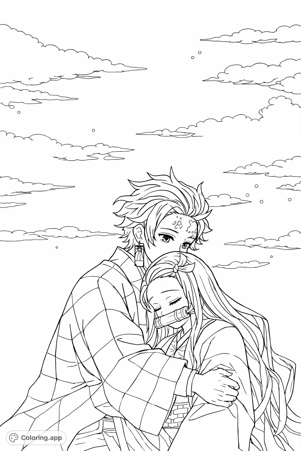 An emotional anime character embrace coloring page against a scenic sky. Perfect for fans to bring their favorite characters to life with unique colors.