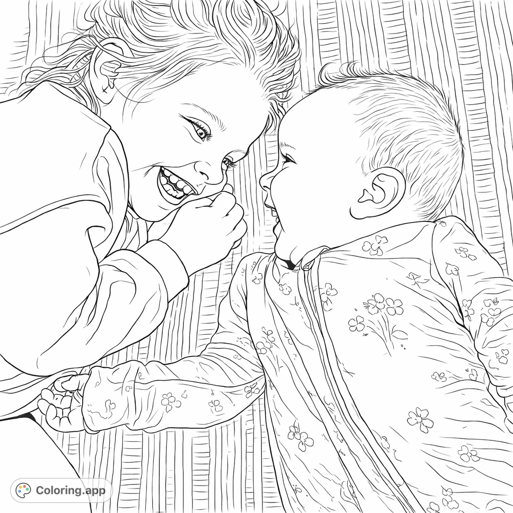 A heartwarming scene of two children lying together, sharing a moment of pure joy and laughter. Features an older child playfully interacting with a younger one.
