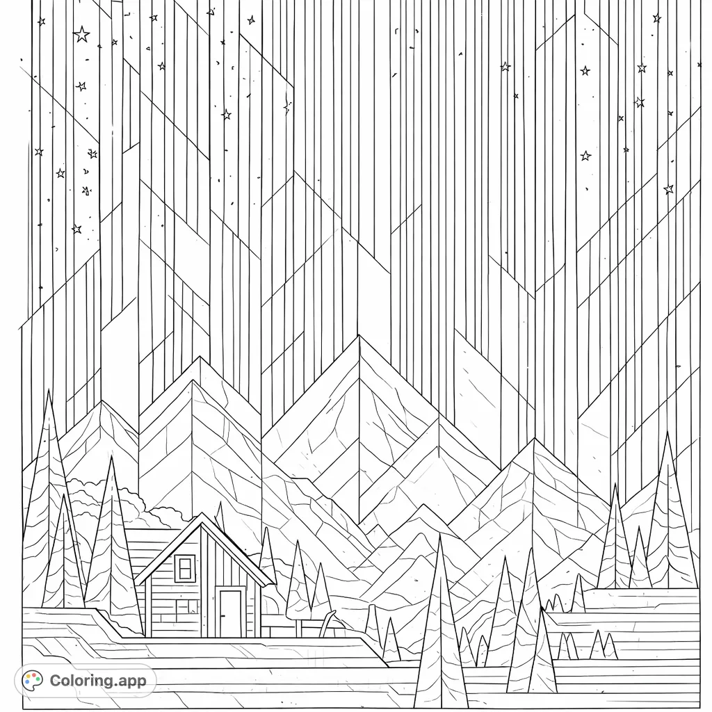 Explore a geometric mountain cabin night scene with abstract peaks, stylized trees, and a star-dotted sky. A unique, relaxing artistic escape.
