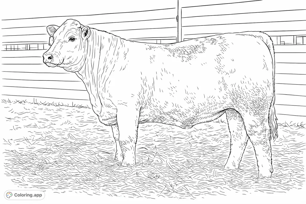 Discover this charming calf coloring page! Depicts a young calf standing amidst hay with a wooden fence background. Perfect for animal lovers of all ages.
