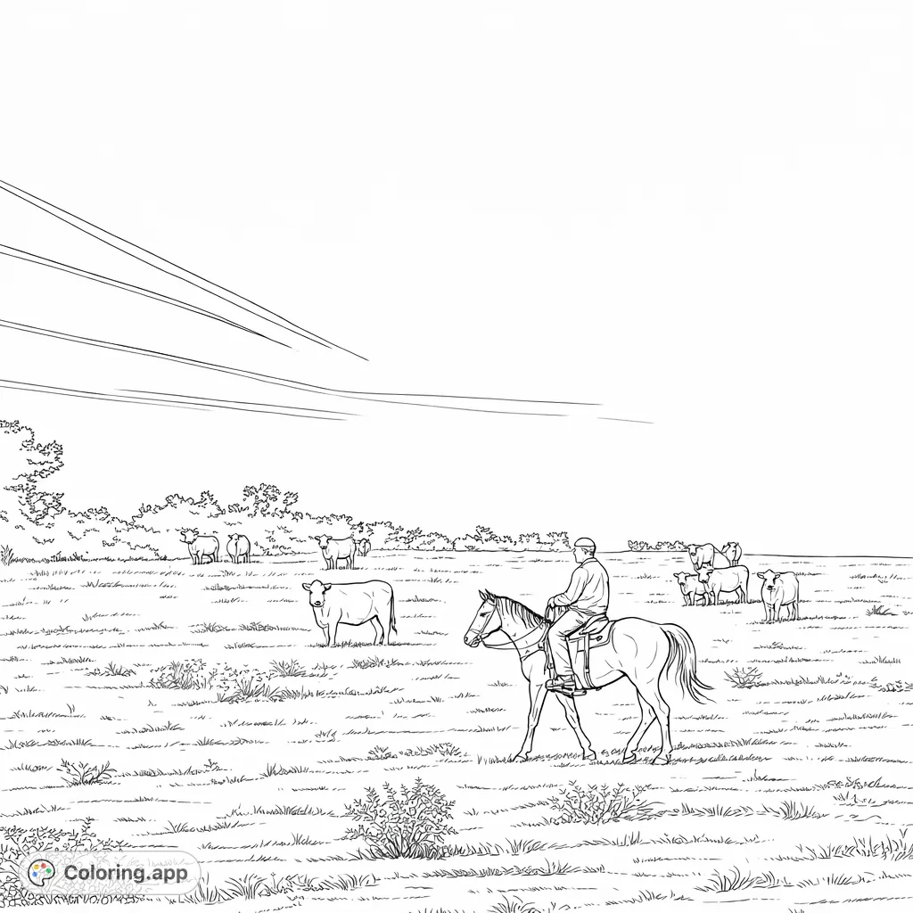 A picturesque ranching scene featuring a rider on horseback among grazing cattle in a vast open field, with distant trees and an expansive sky.