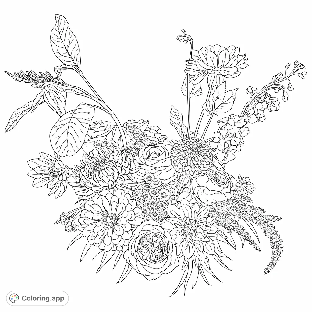 A detailed floral arrangement featuring a vibrant mix of dahlias, roses, chrysanthemums, and various foliage, perfect for an intricate coloring challenge.