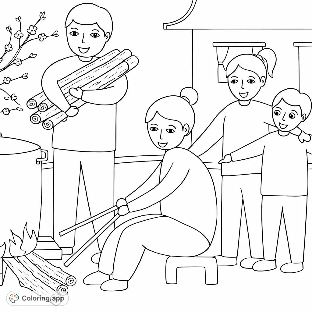 A heartwarming scene of a family preparing food outdoors, with a man bringing logs, a woman tending the fire, and children watching with smiles.