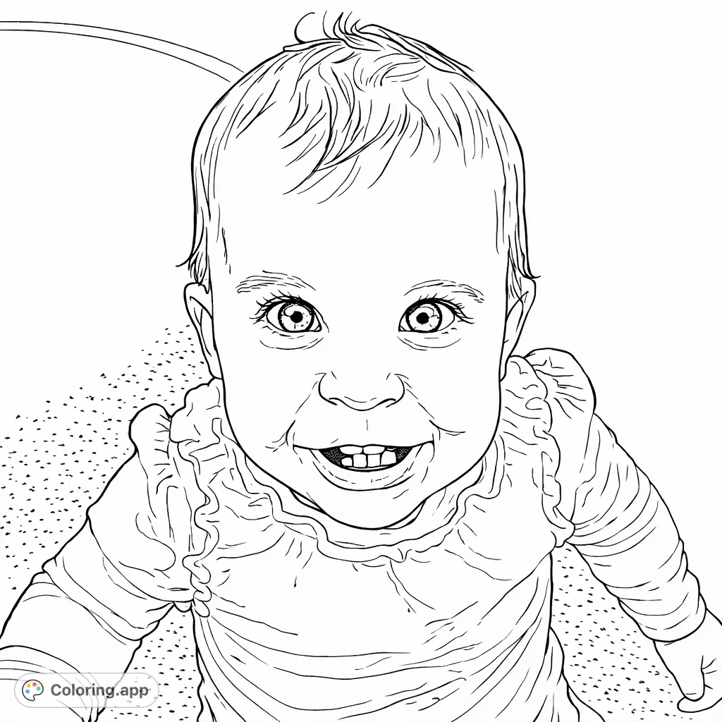 A heartwarming baby coloring page featuring a smiling infant with wide eyes and a ruffled top. Perfect for spreading joy and creativity.
