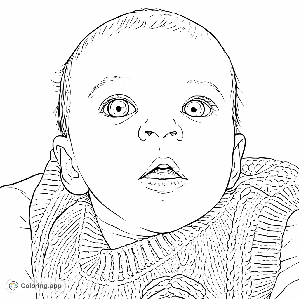 Capture the adorable innocence of a baby with wide eyes and a sweet expression. A delightful baby coloring page for all ages, perfect for a free printable coloring page.