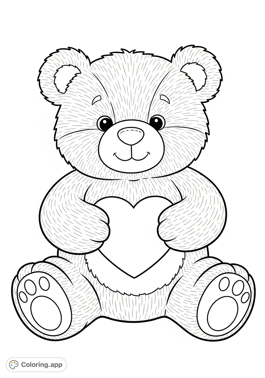 A heartwarming teddy bear coloring page featuring a happy, fluffy bear sitting and holding a lovely heart. Perfect for expressing warmth and affection.