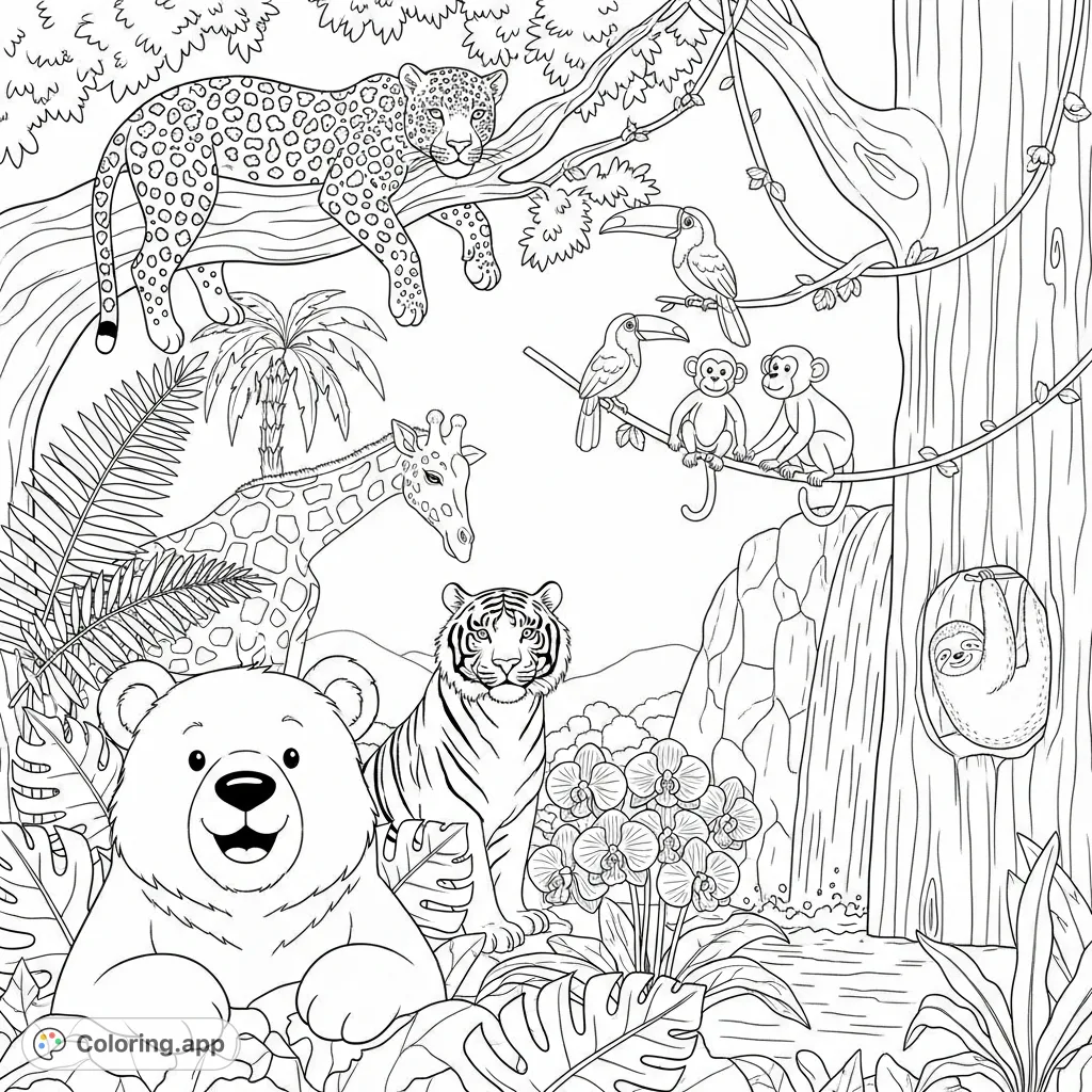 Explore a lush tropical jungle teeming with wildlife! A friendly bear, alert tiger, majestic giraffe, sleek jaguar, playful monkeys, toucan, and sloths amidst rich foliage and a waterfall.