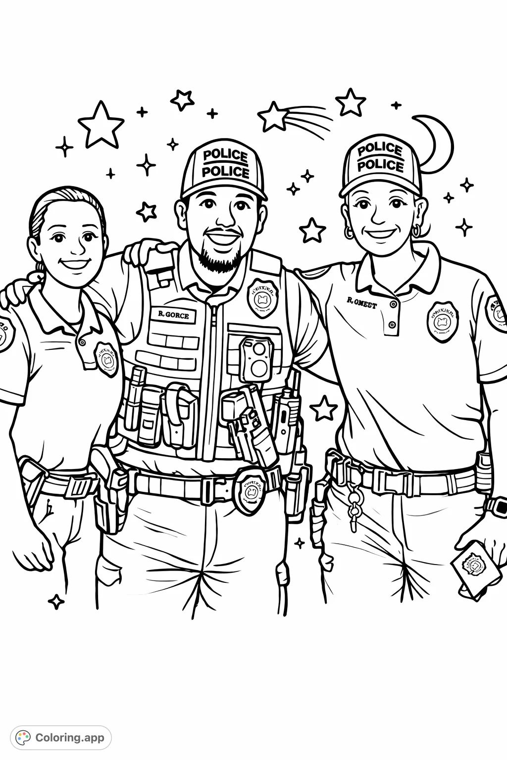Celebrate community heroes with this cartoony police officers coloring page. Featuring friendly officers with stars and celestial elements for a fun, simple design.