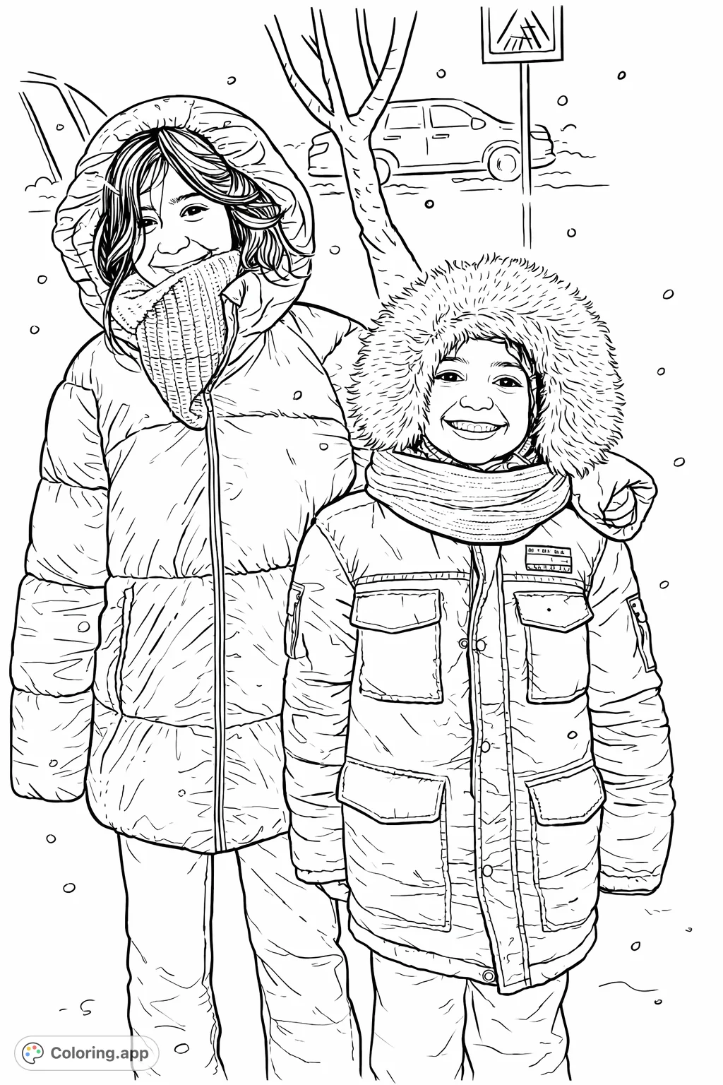 Two smiling children bundled in warm winter jackets enjoy a light snowfall. A heartwarming scene perfect for a cozy winter coloring page experience.
