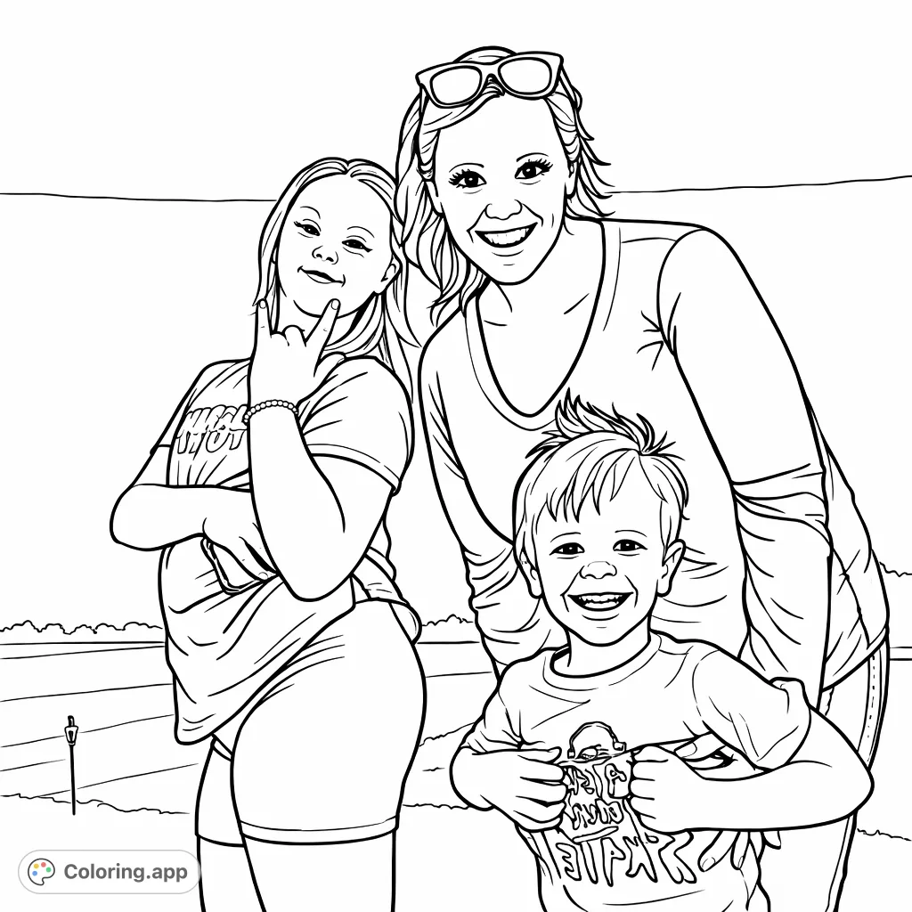 Capture a heartwarming moment with a joyful family portrait outdoors. This cartoony coloring page features a woman, girl, and boy in a happy pose against an open sky.