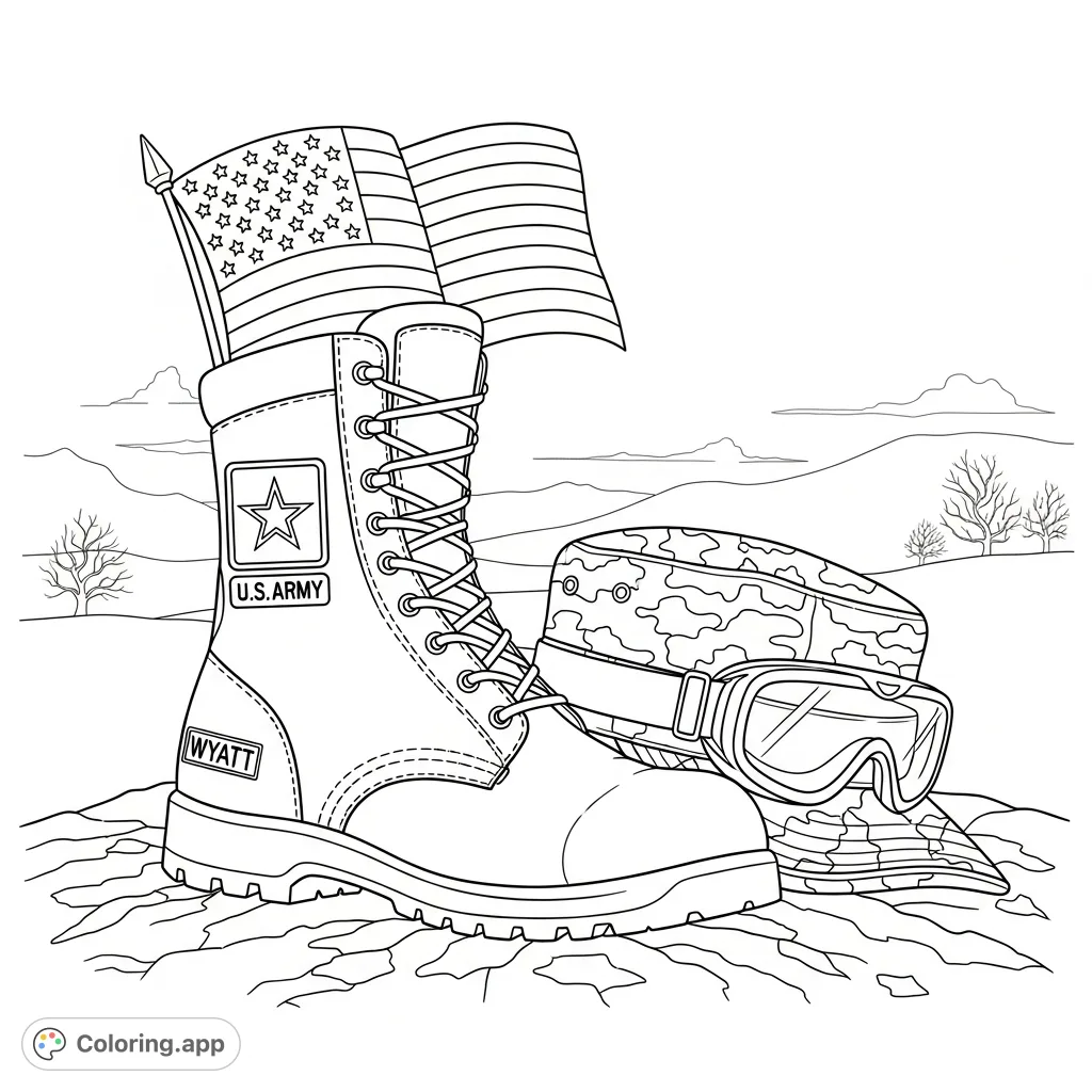 A detailed military combat boot and hat rest on rugged ground, alongside a flag. Features 'U.S. ARMY' text, a camouflage pattern, and distant trees. Perfect for military enthusiasts.