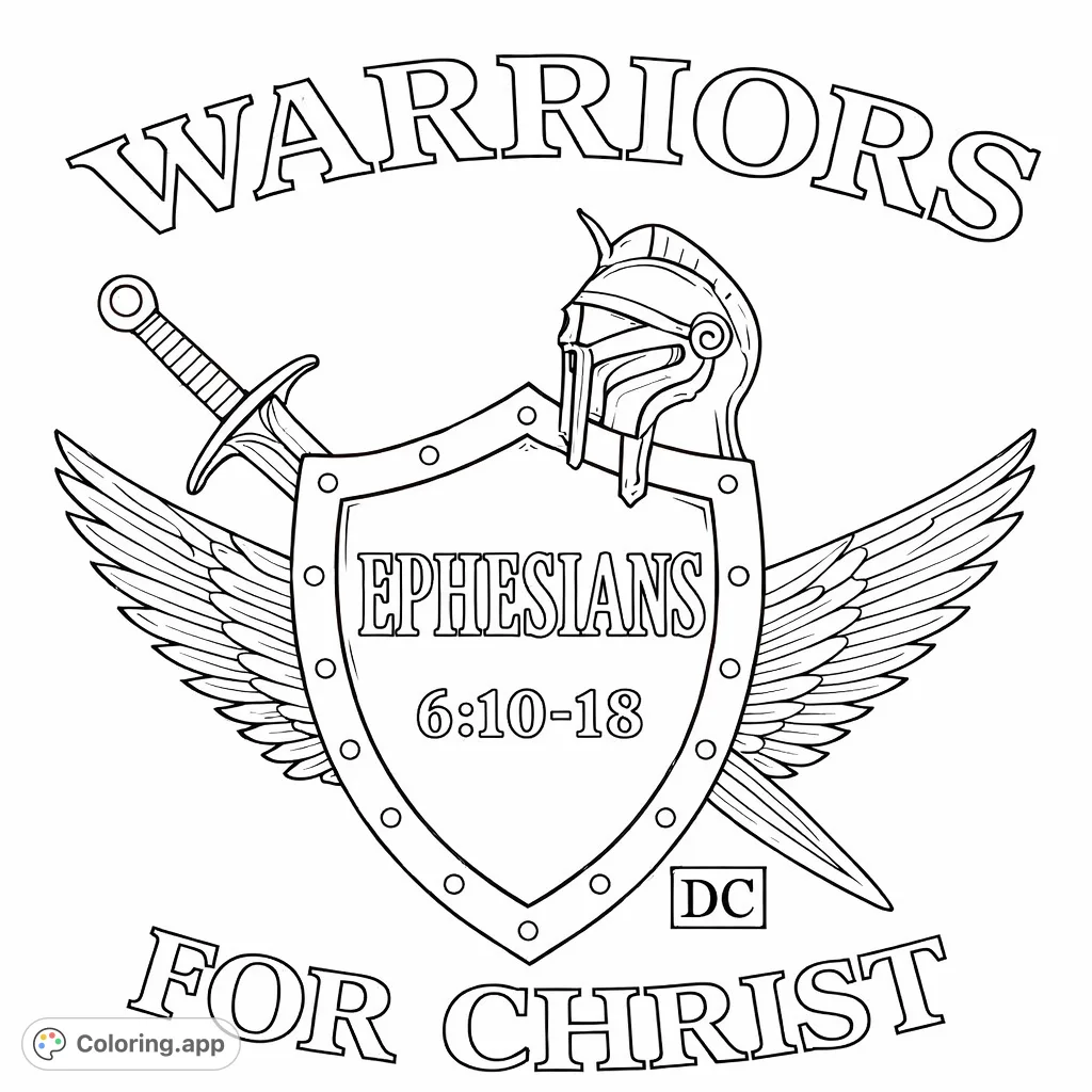 A powerful warrior emblem with a shield, sword, helmet, and wings, featuring "Ephesians 6:10-18" and "Warriors for Christ." Inspire faith!