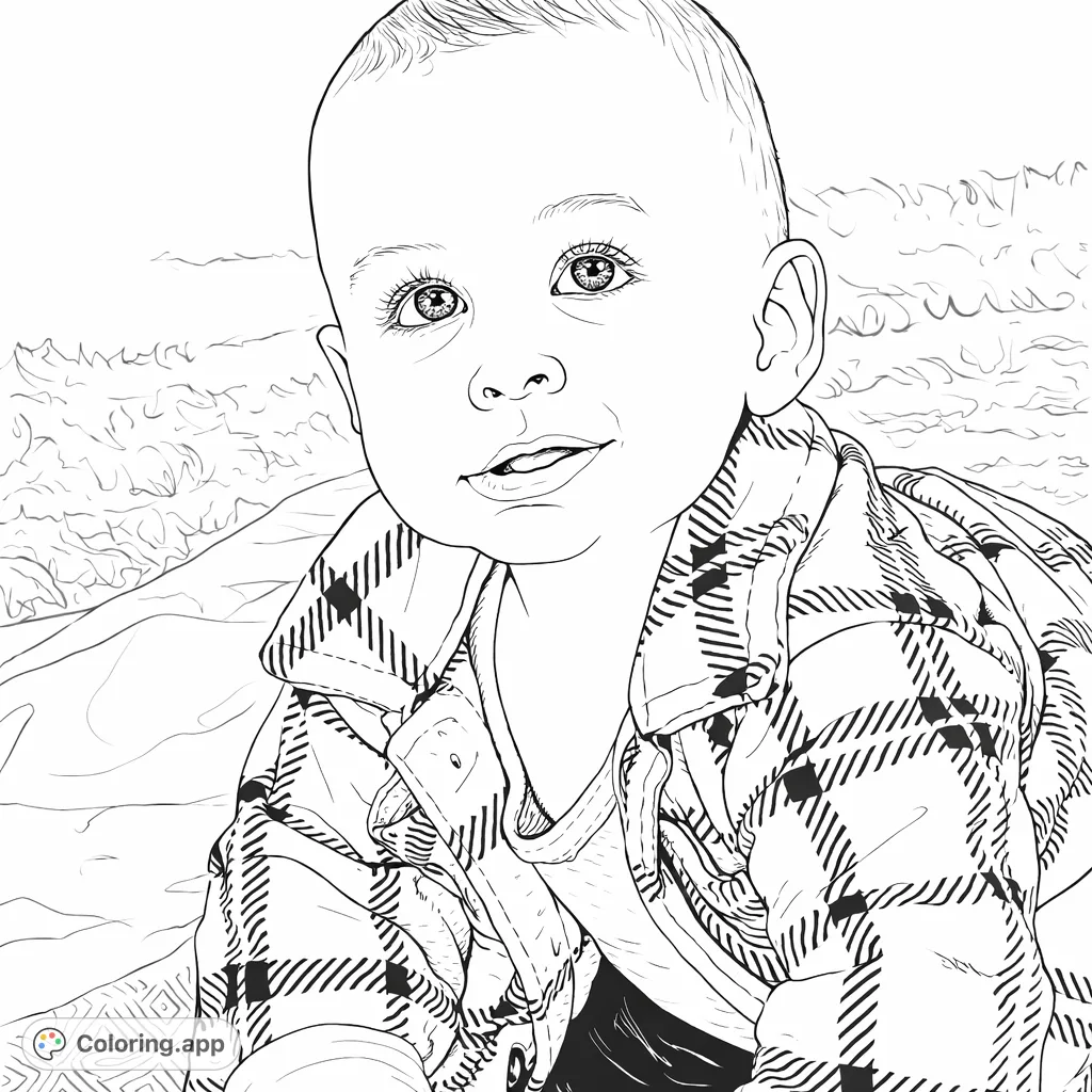 An endearing baby gazes upward, wearing a patterned plaid shirt, inviting creativity. A sweet scene perfect for adding a personal touch to this charming infant.