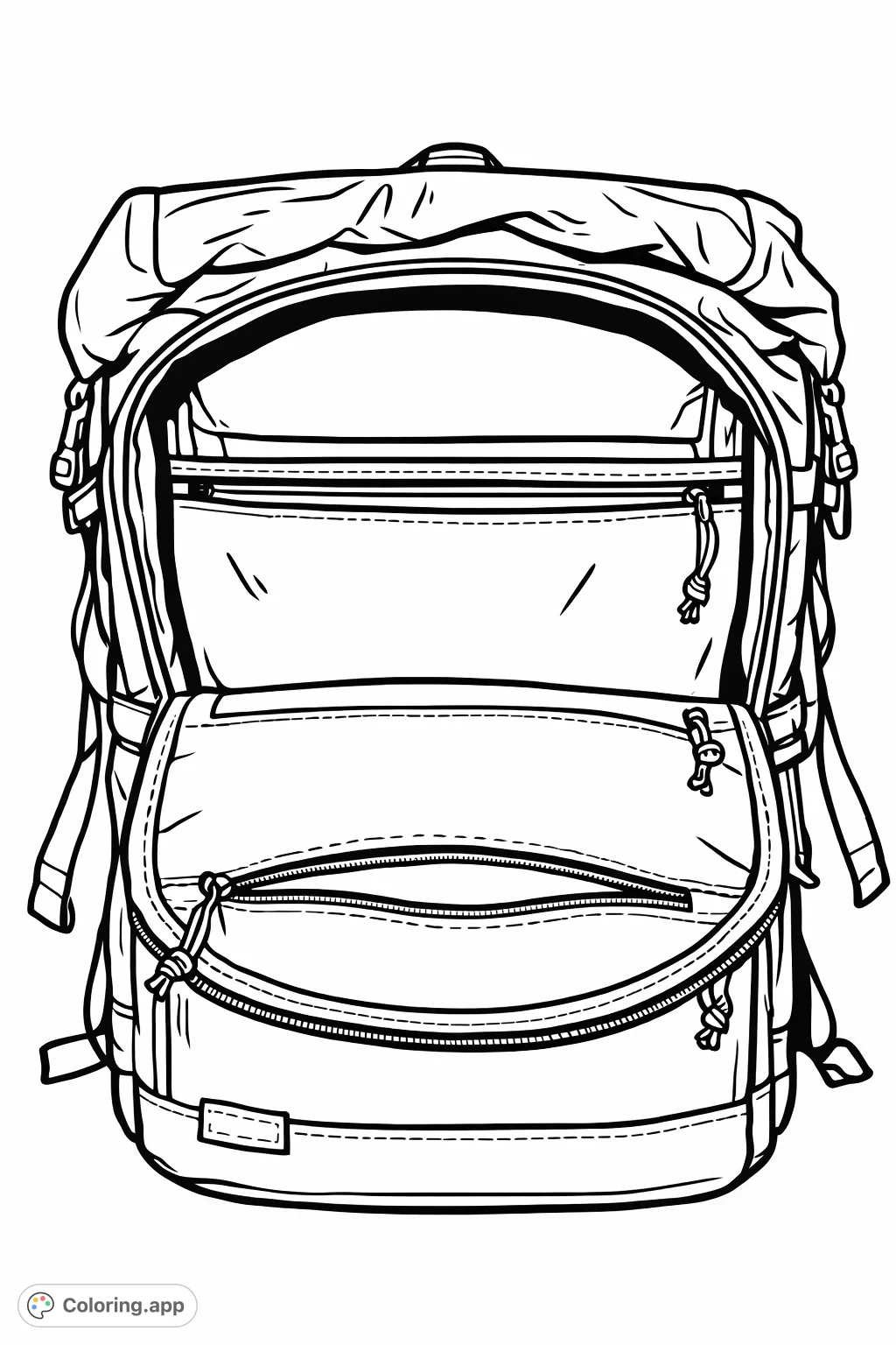 Explore the detailed interior of an open backpack with multiple zippered compartments and a roll-top closure, ready for your creative touch.