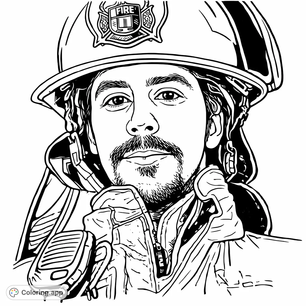 A compelling firefighter portrait, complete with helmet and protective gear. Celebrate everyday heroes with this detailed, free printable firefighter coloring page.