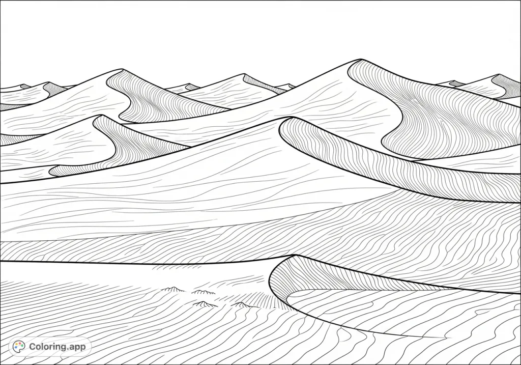 A stunning desert landscape unfolds with vast, sculpted sand dunes, showcasing intricate ripple patterns and the subtle motion of sand. An engaging dune coloring page.