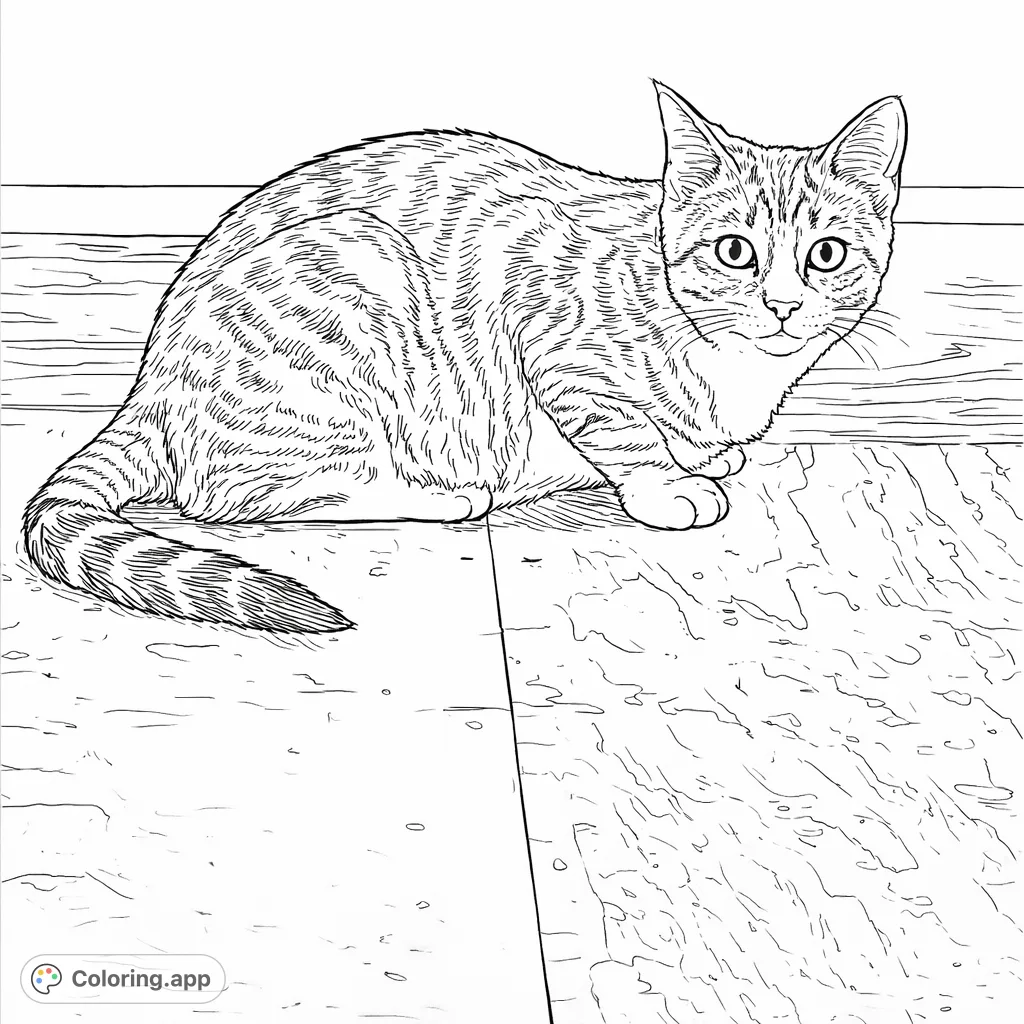A charming striped cat crouched on a textured floor, looking forward with bright, curious eyes. Perfect for animal lovers and mindful coloring.