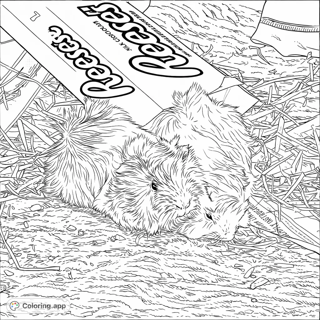 Two adorable guinea pigs snuggled together on a textured surface amidst scattered hay and a recognizable candy box, offering a charming coloring experience.