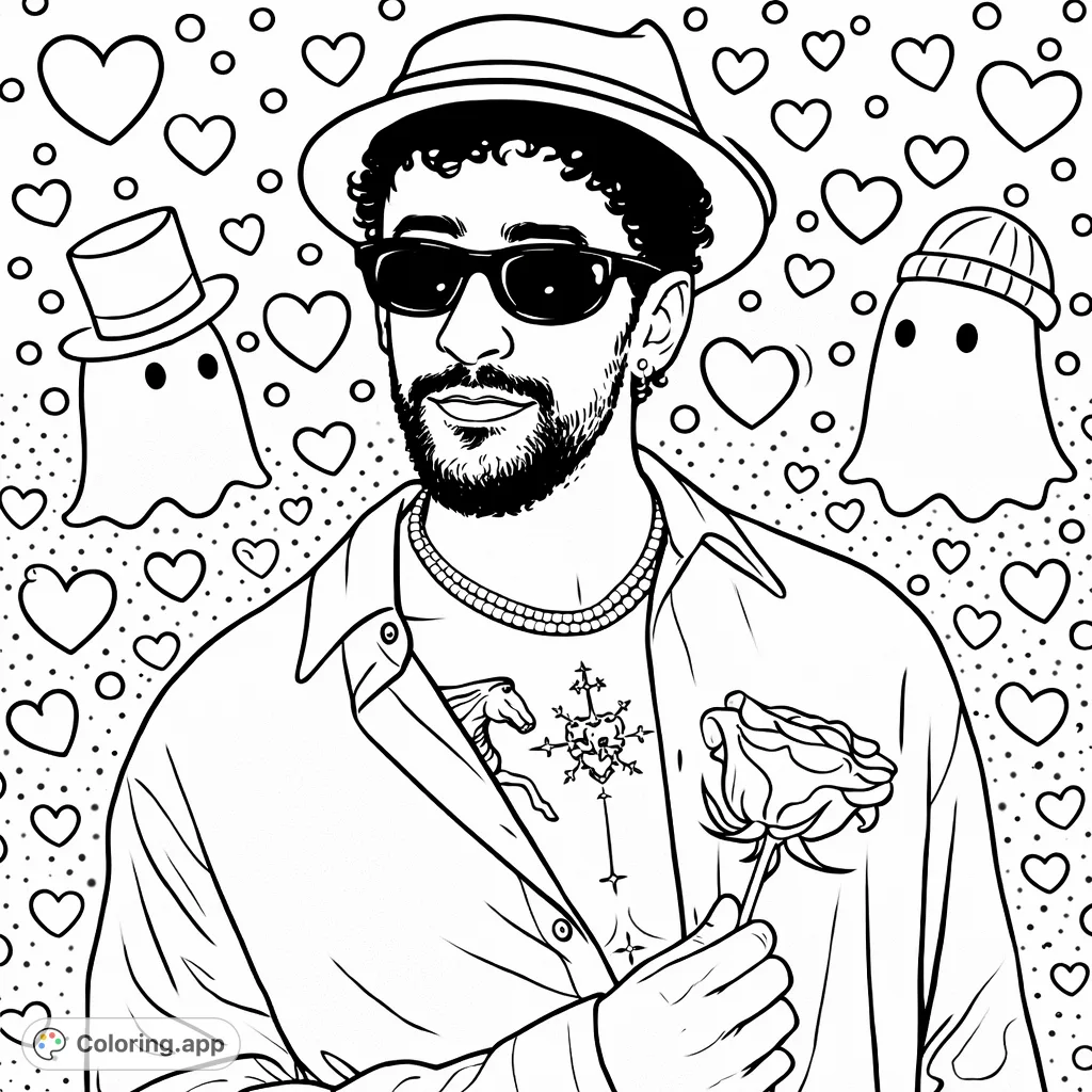 A dreamy coloring page featuring a man with a rose, perfect for imaginative coloring. Enjoy this surreal man with flower coloring page, free printable coloring page, creative coloring page, coloring pages for adults.