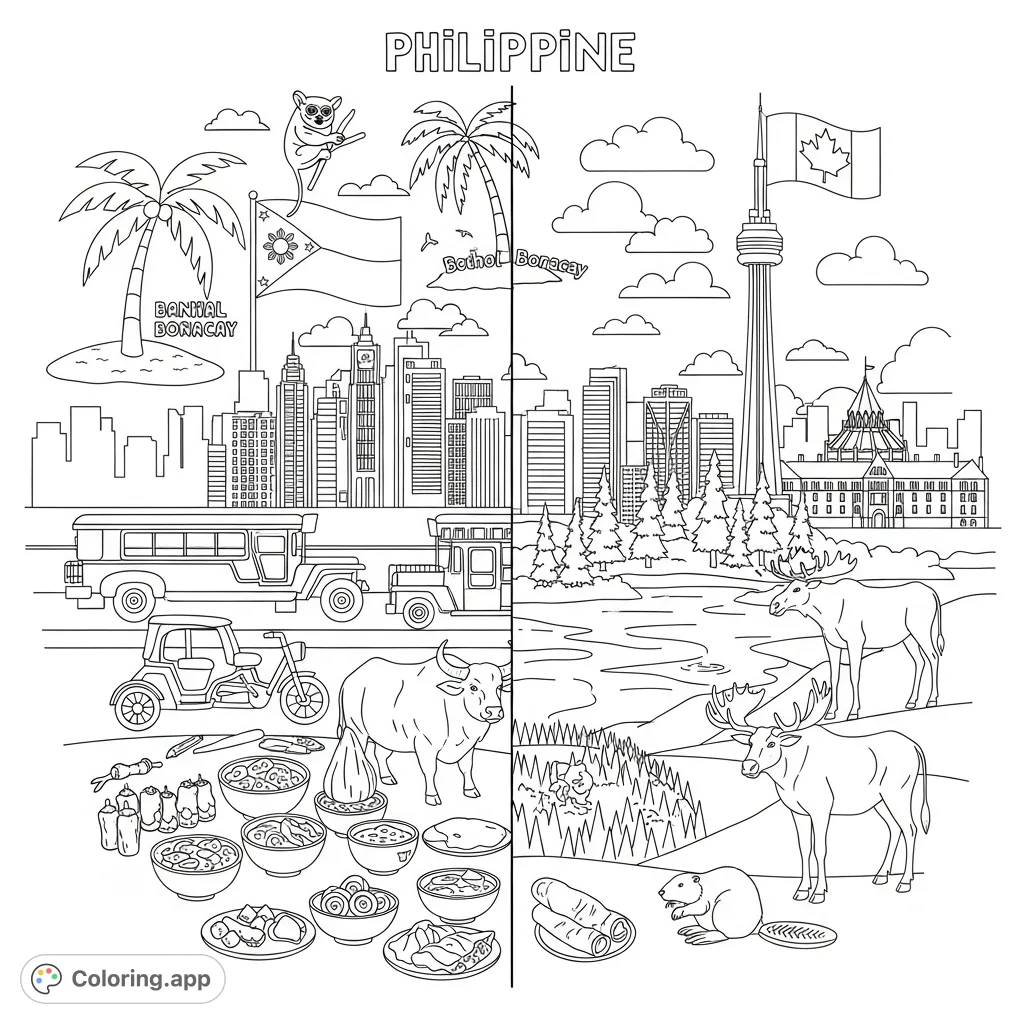 A detailed 'Philippines vs. Canada' coloring page showcasing vibrant cultural and natural elements, from Manila's bustle to Vancouver's serene landscapes.