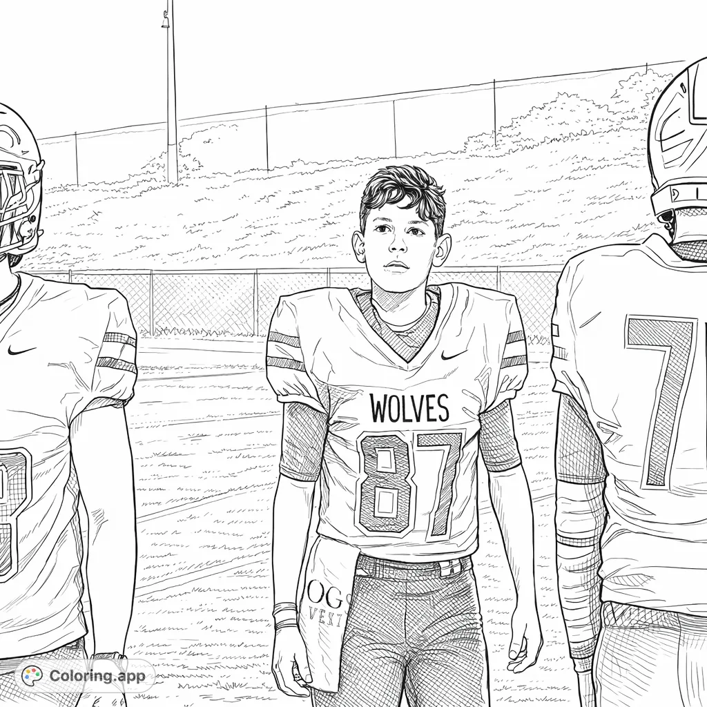Capture the spirit of the game with this football team coloring page! Features three players in detailed uniforms on a field. Perfect for sports fans!