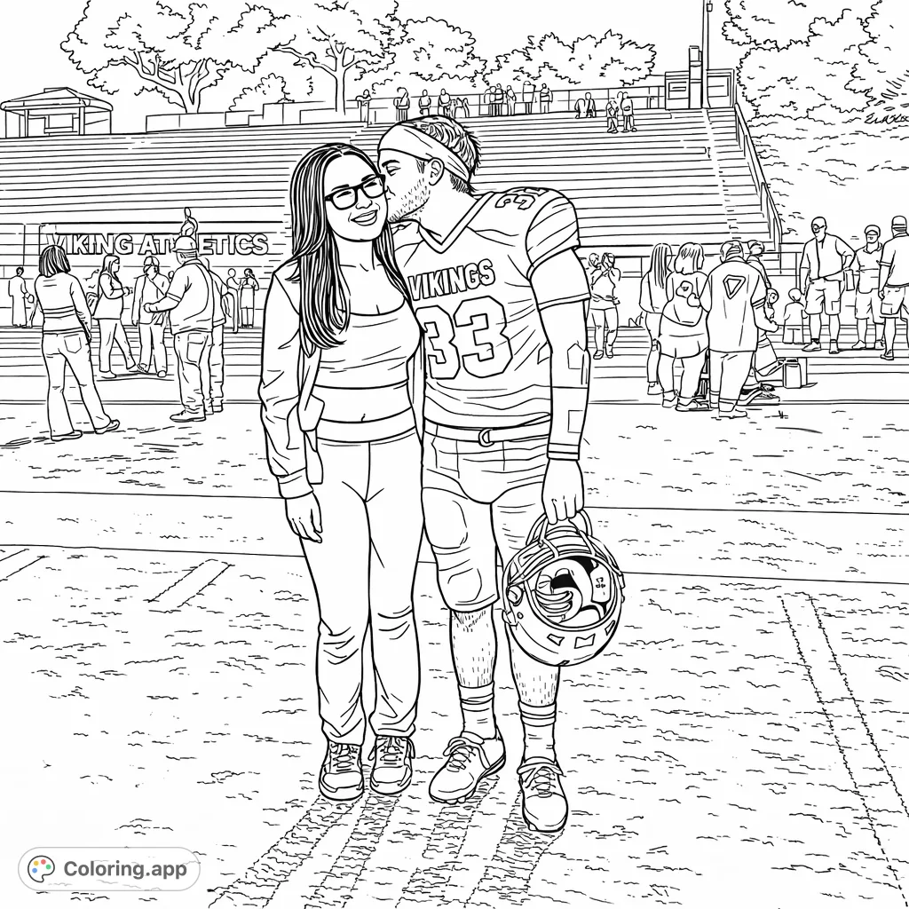 Capture a heartwarming moment on the football field with this athletic couple. Features a player in uniform and his companion, set against a stadium backdrop.